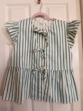 Oddi Striped Tie-Front Flutter Sleeve Blouse in Green NWOT